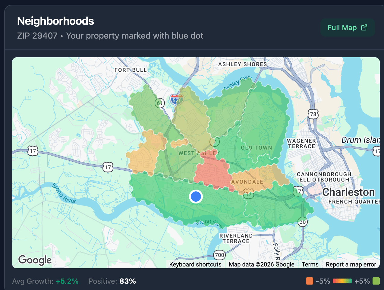 Neighborhood appreciation heatmap centered on a Charleston ZIP, with the subject property marked