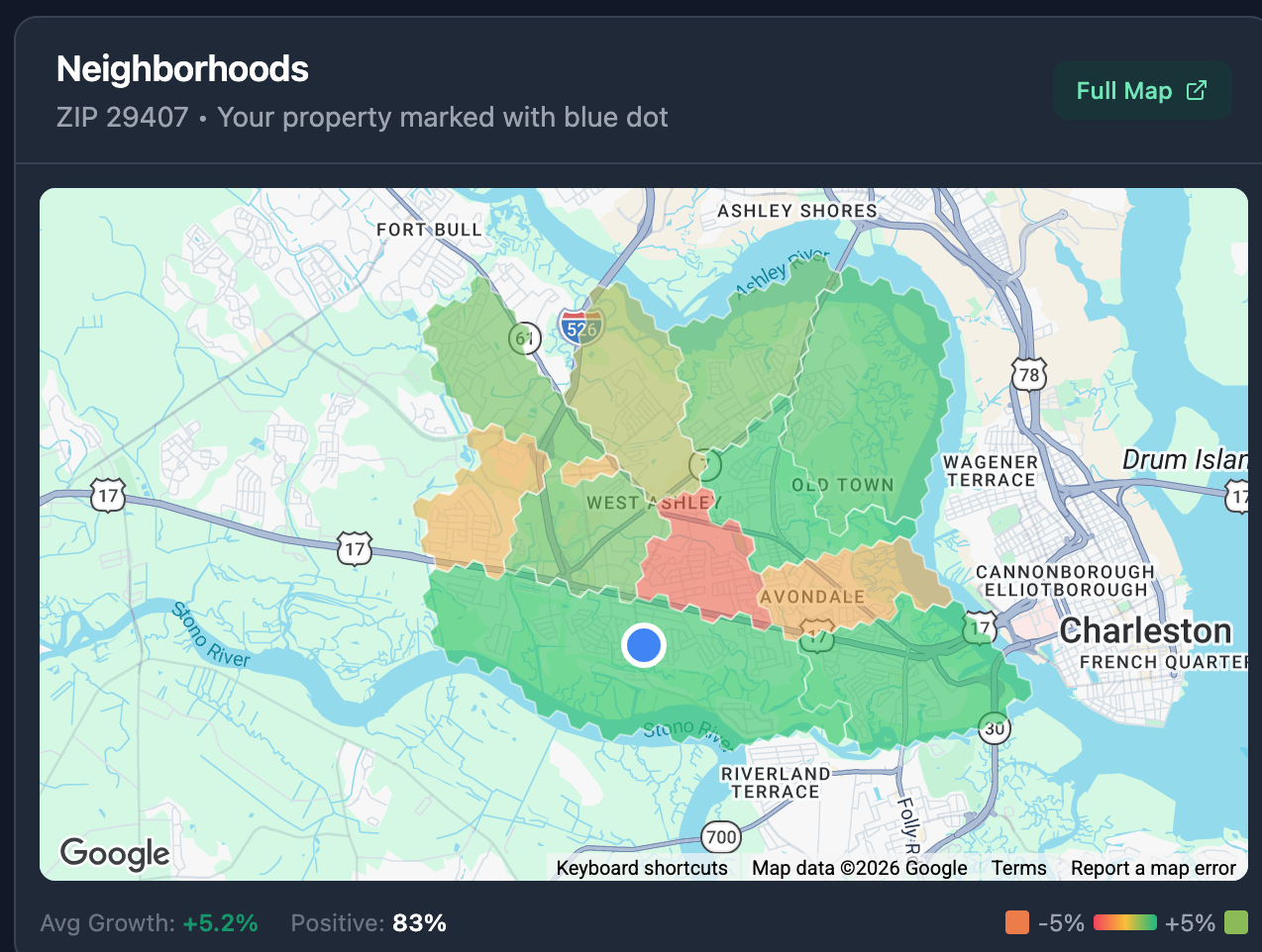 Neighborhood appreciation heatmap centered on a Charleston ZIP, with the subject property marked